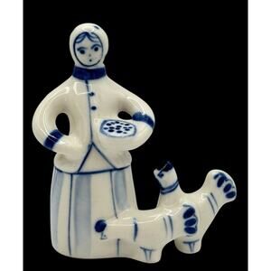 Vintage Russian Gzhel Porcelain Figurine Maiden Woman Feeding Chickens Blue